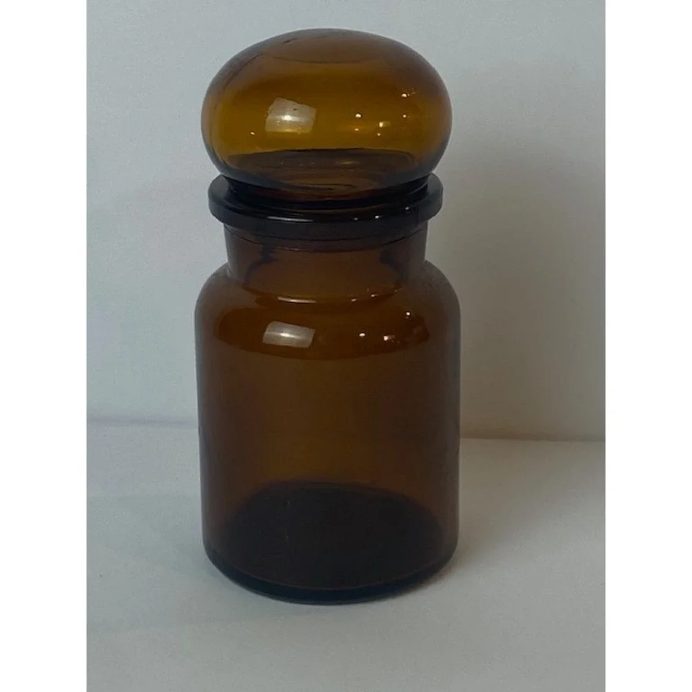 Vintage Amber Glass Apothecary Jar with Bubble Lid Made in Belgium Brown 5.5